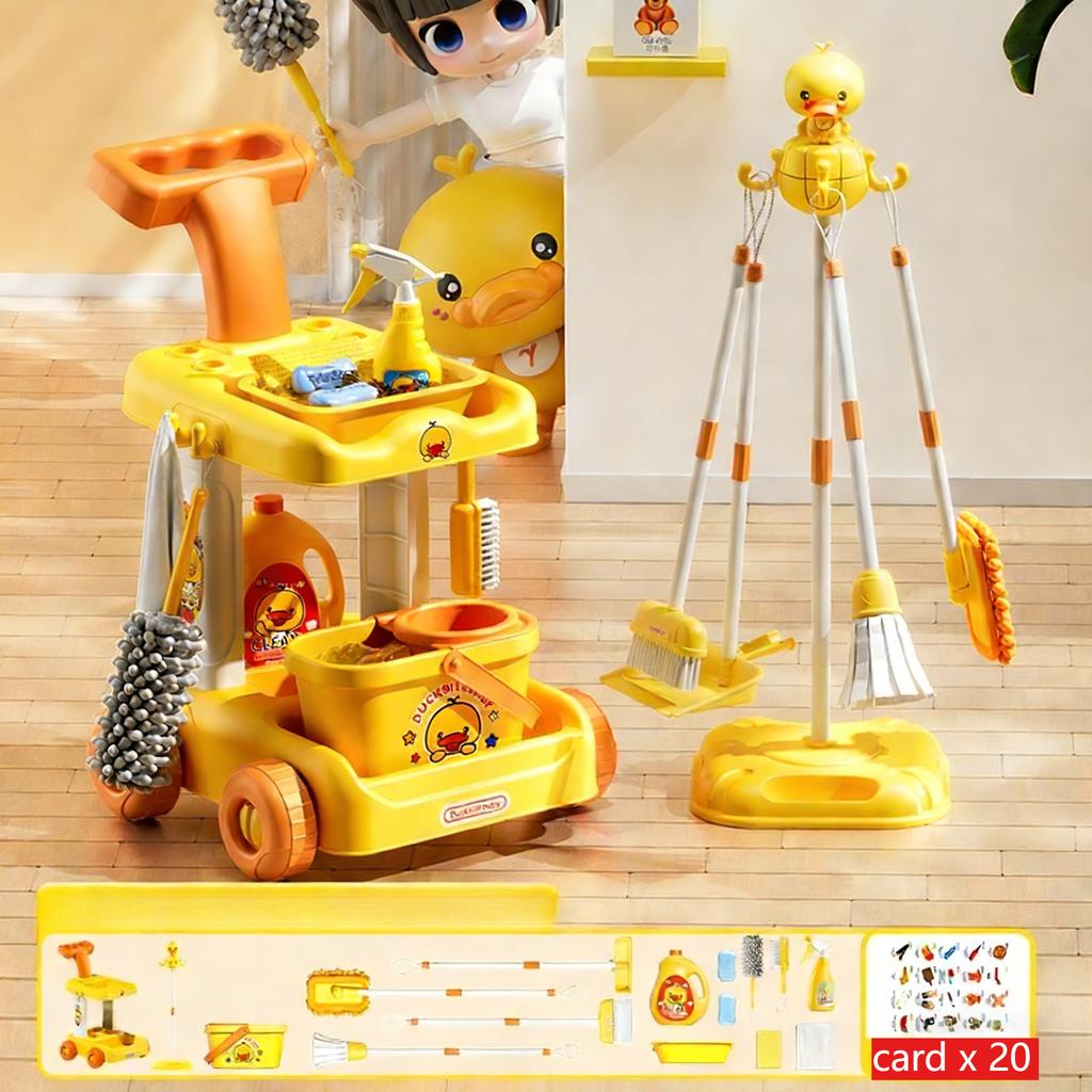 Kids Cleaning Toy Set with Robot Vacuum Cleaner Cart Broom Mop Pretend Play Housekeeping Kit Cartoon Birhtday Gift for Boy Girl