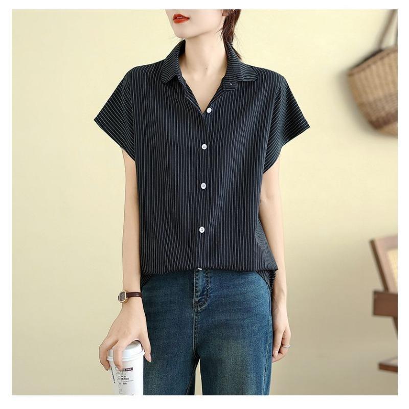 Cotton and Linen Short-sleeved Shirt Summer Striped New Loose Slim Fit Artistic Mid-length Top