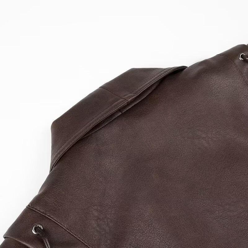 Versatile Retro Lace-Up V-Neck Faux Leather Jacket Streetwear Fashion Outerwear