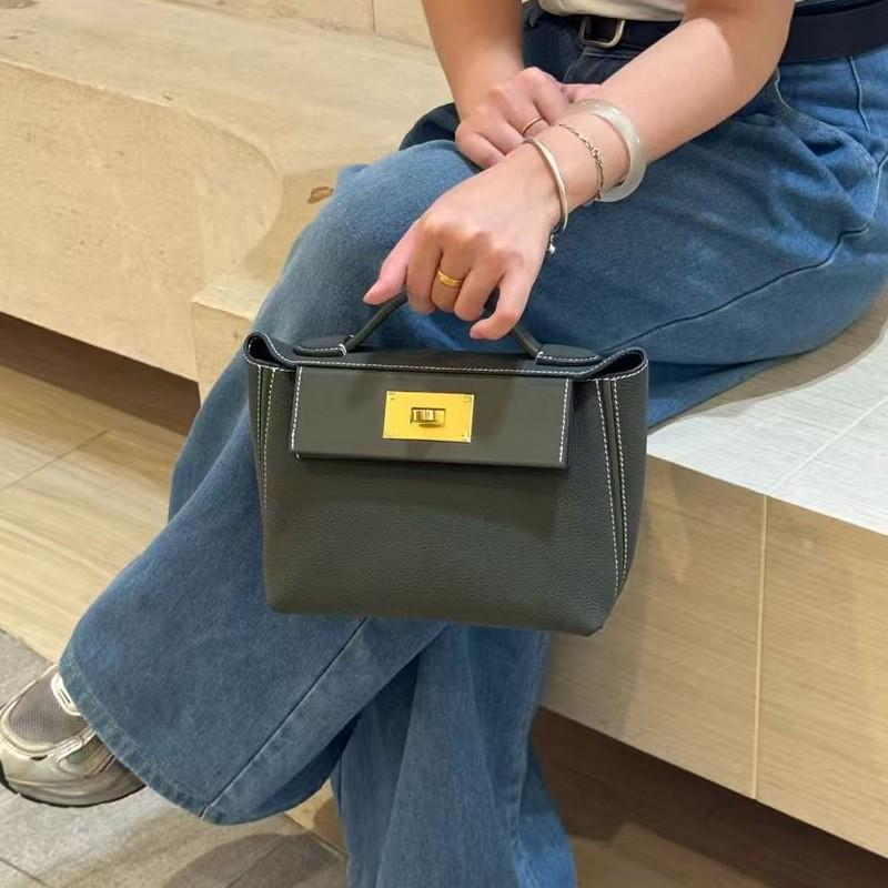2026 Womens Genuine Leather Handbag With Suede Texture Lock Crossbody Or Top Handle Medium Square Shape