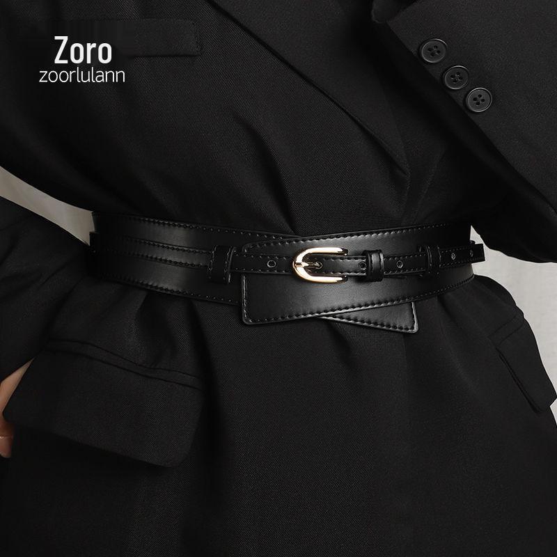 Women's Black Leather Two-Way Belt: High-End, Fashionable Dress Accessory with Wide Waist Seal and Suit Jacket Pairing.
