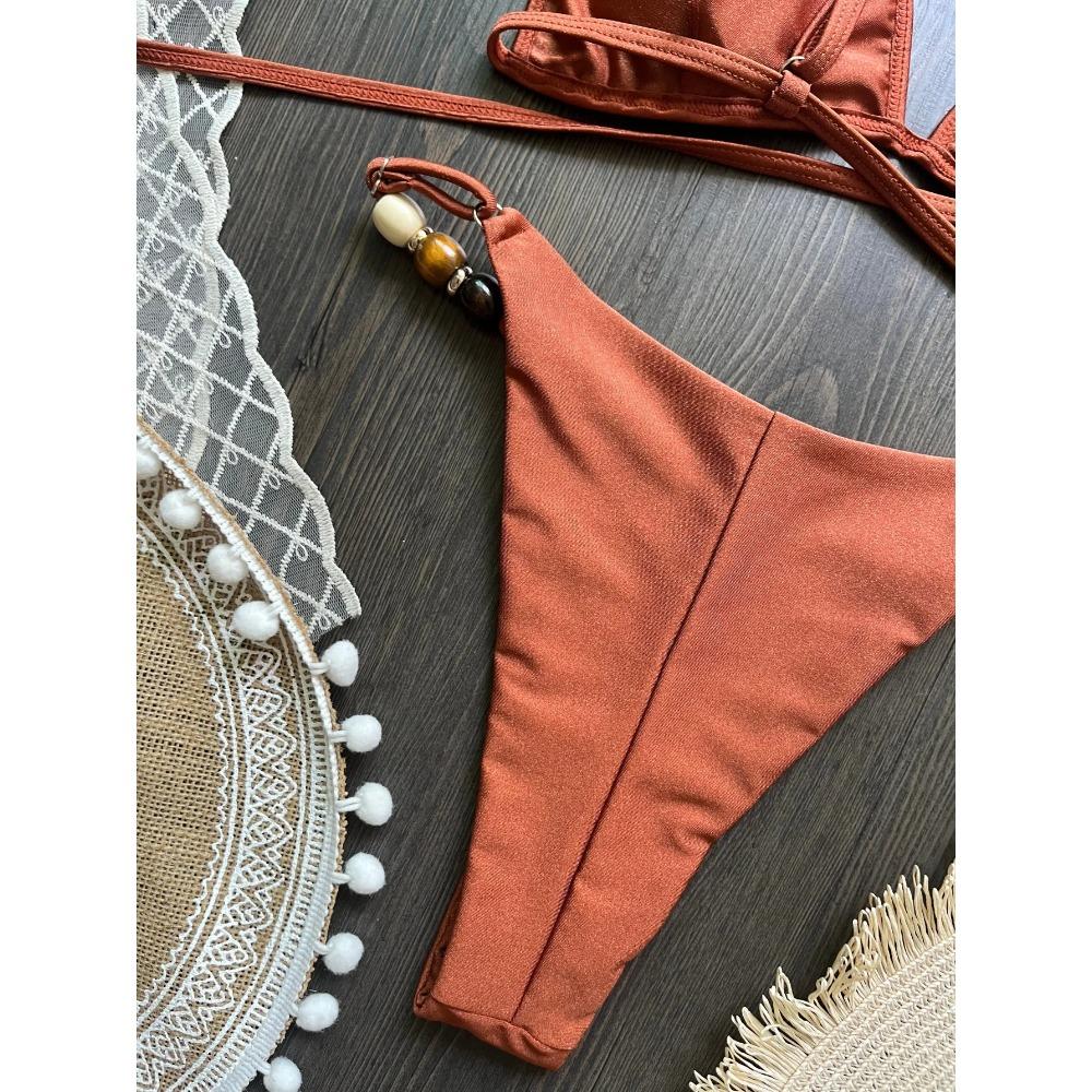 Sexy Brown Bikini Set 2026 Women Pearls Strap Hole Out Push Up Bra Thong Swimsuit Brazilian Beach Bathing Suit Micro Swimwear