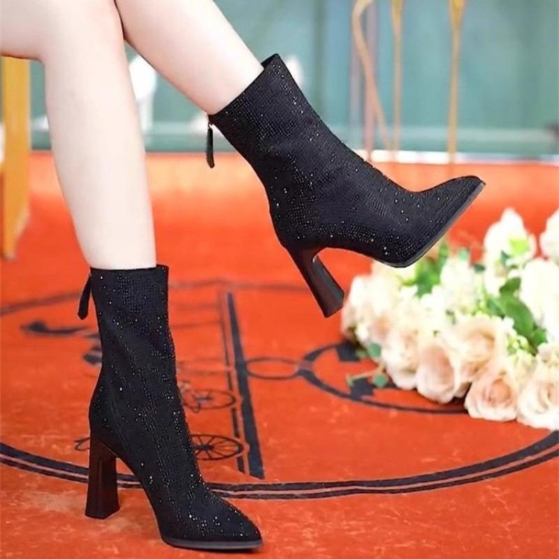 Fashion High Heeled Booties Fall New Pointed Toe Sequin Rear Zipper Anti-Slip Wear-Resistant Single