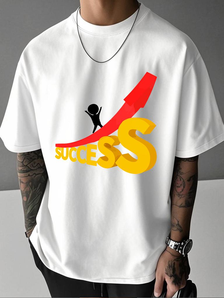 Unisex Summer Casual Short Sleeve T Shirt Success Letter Red Up Arrow Figure Print Oversized Loose Street Daily Fashion Tops