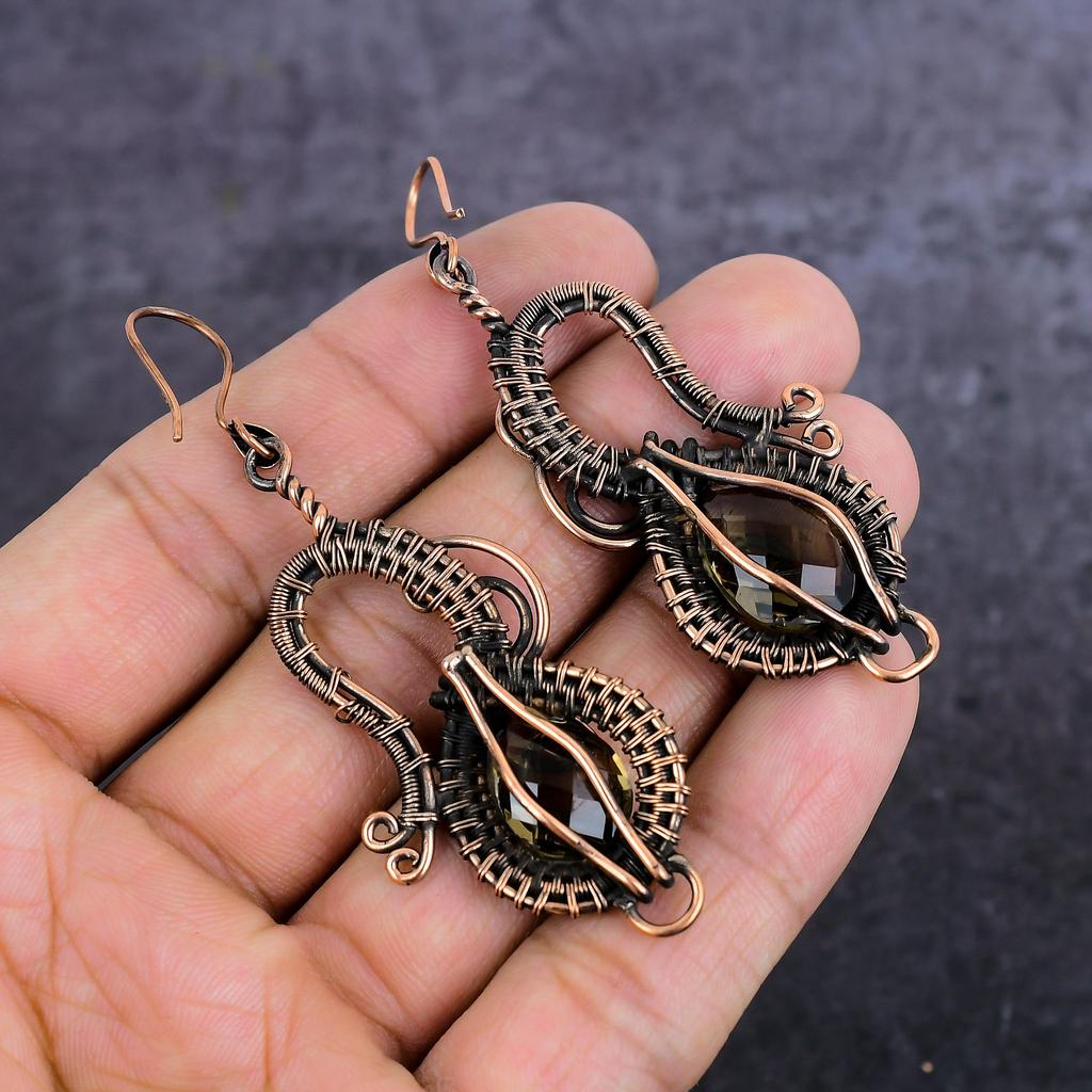 Natural Smoky Topaz Gemstone Copper Wire Wrap Jewelry Earring 2.96" p4e44