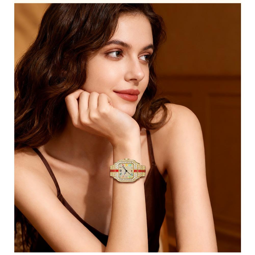 Hip Hop Iced Square Quartz Watch for Men Full Diamond Calendar Luxury Watch