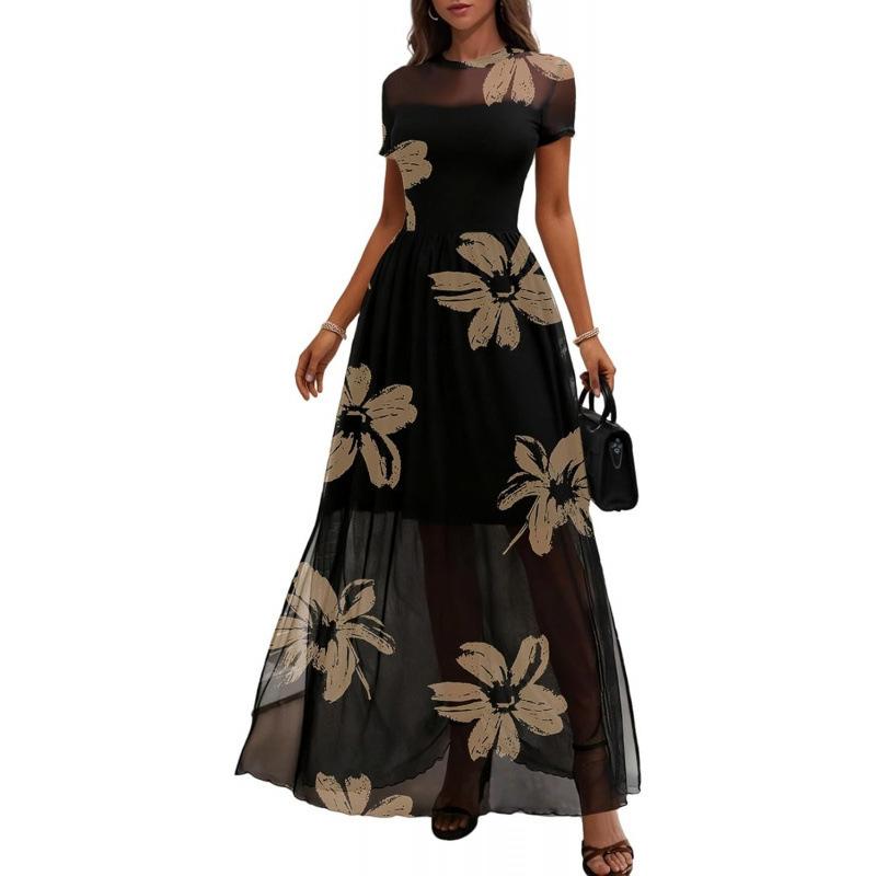 European and American fashion temperament dress women s 2026 summer new short-sleeved floral print dress S