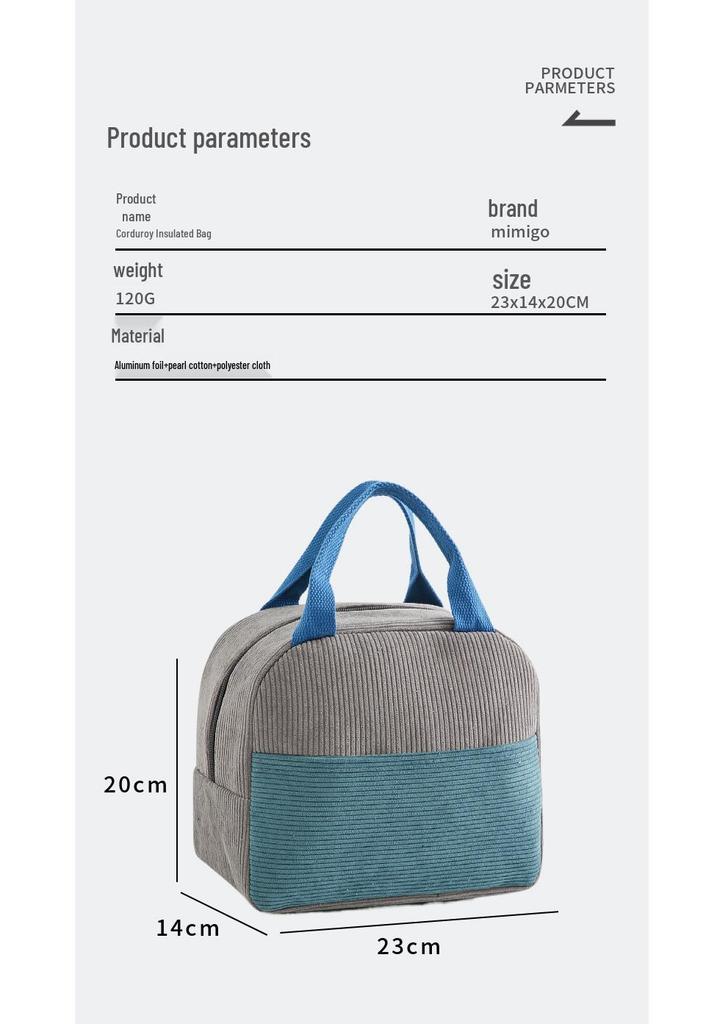 Corduroy Color Block Insulated Lunch Bag for Work, School, Outdoor Travel, or Picnic