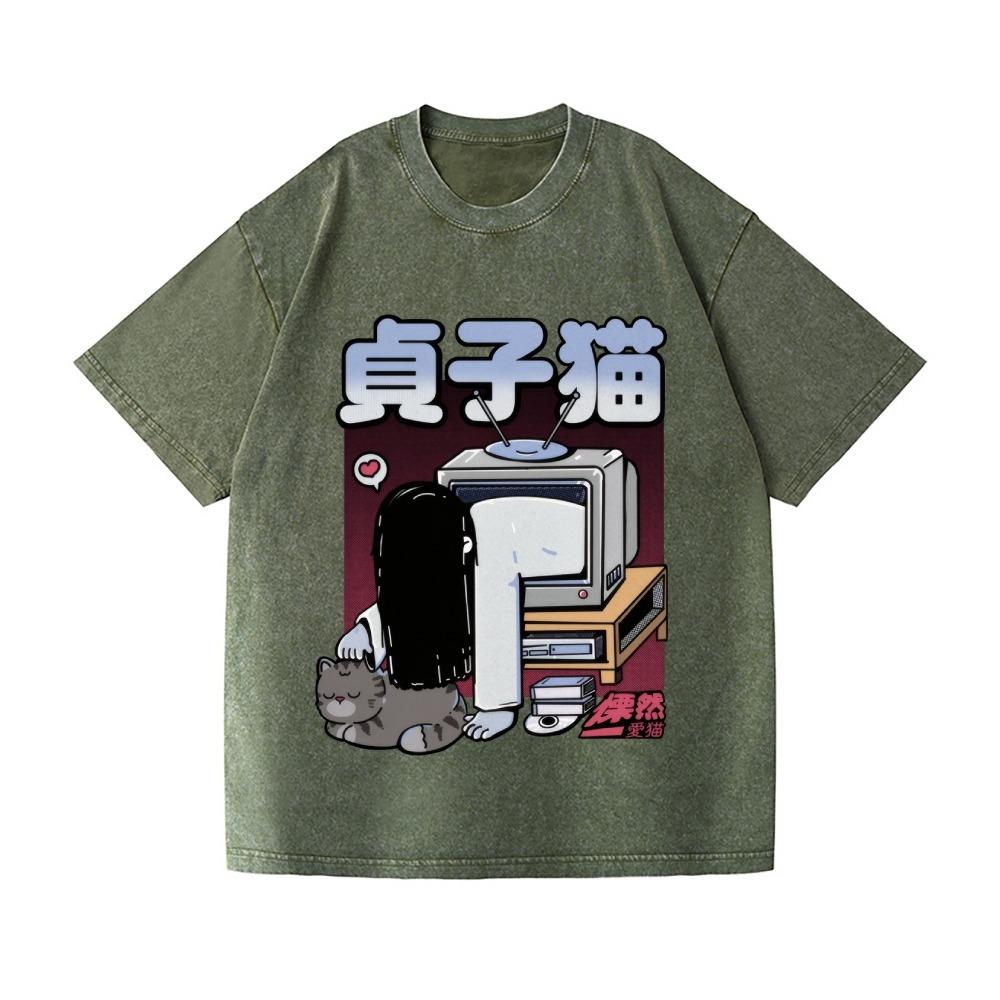 T-shirt Uomo Design Giapponese Lavaggio Vintage Gatto Sadako Oversize Estiva Manica Corta Girocollo Harajuku T-shirt Sportive Abbigliamento Uomo