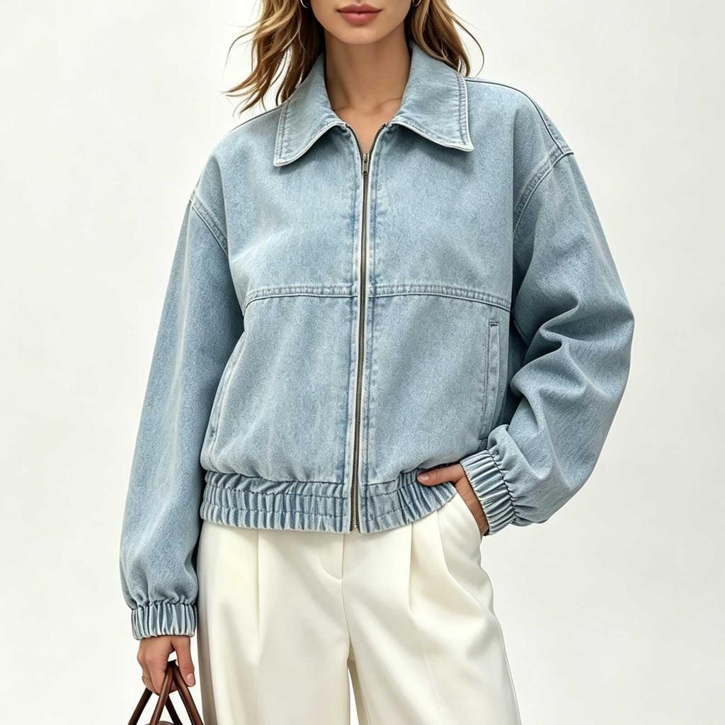 Veste en jean décontractée rétro pour femme à manches longues, col à revers et fermeture éclair sur le devant