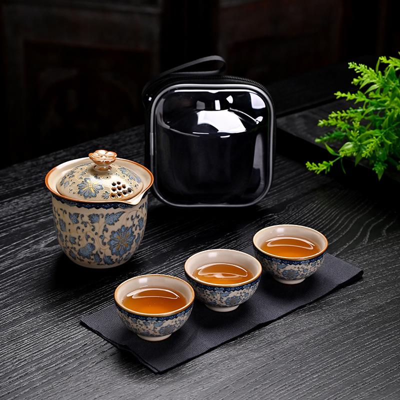 Ru kiln portable travel tea set Kuaike cup outdoor leather bag storage bag travel advanced sense camping