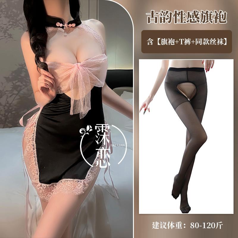 Sex Lingerie Celebrity Live Streaming Host Sexy Bow Sex Pure Desire Mesh Neck Cheongsam Clothing