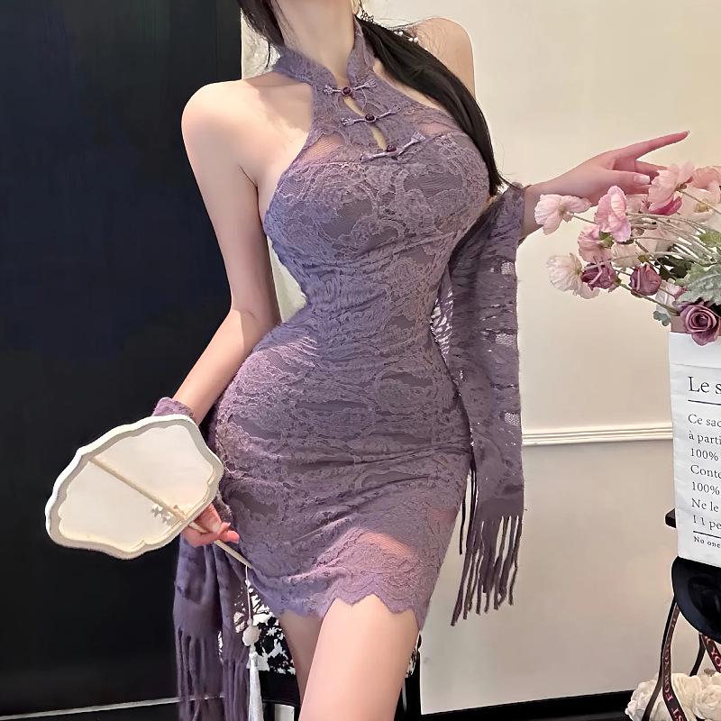 Purple Cheongsam-Inspired Bodycon Lingerie with Stand-up Collar - Spicy Temptation 7616