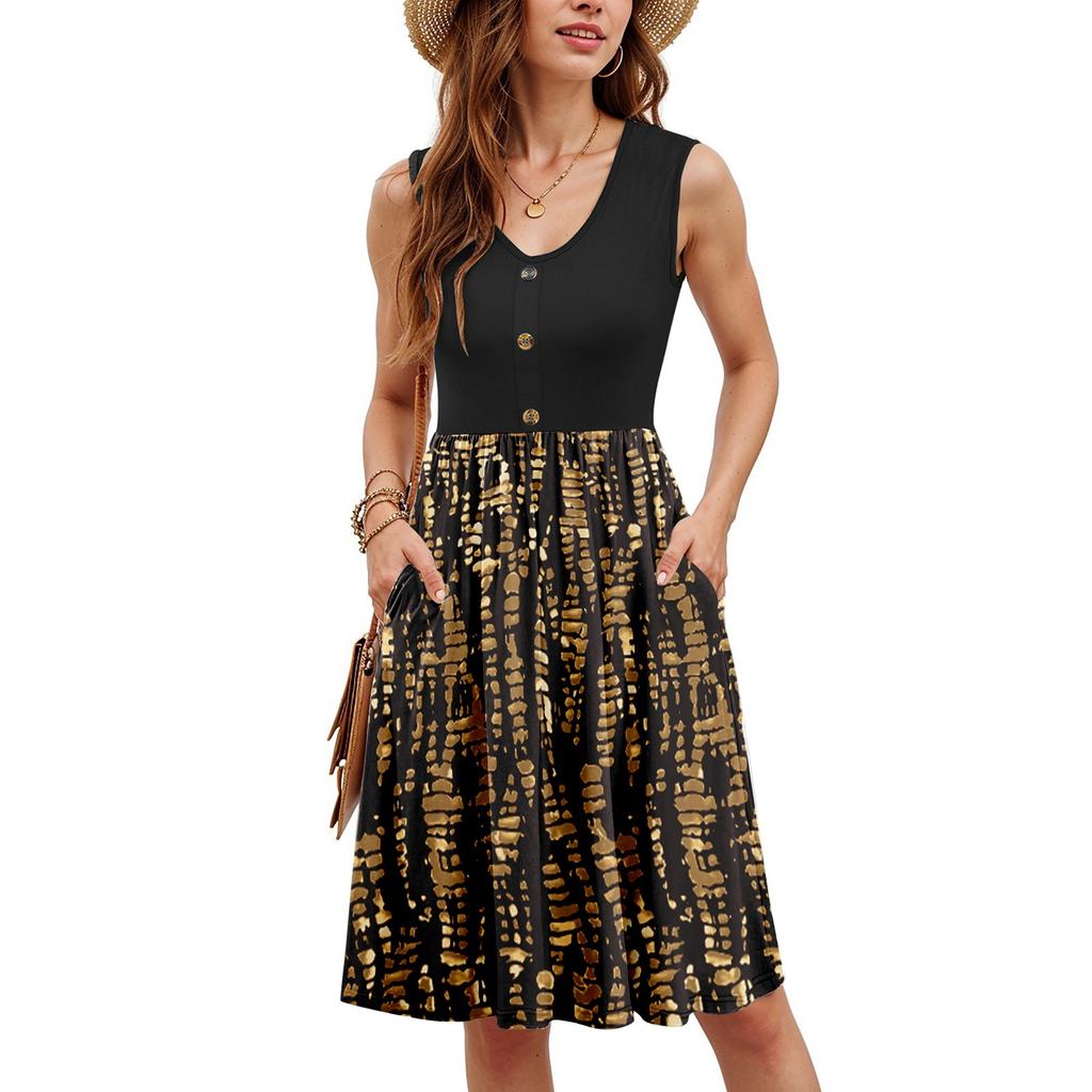 Women Summer Dresses Sleeveless Casual Loose Swing Button Down Midi Sundress With Pockets