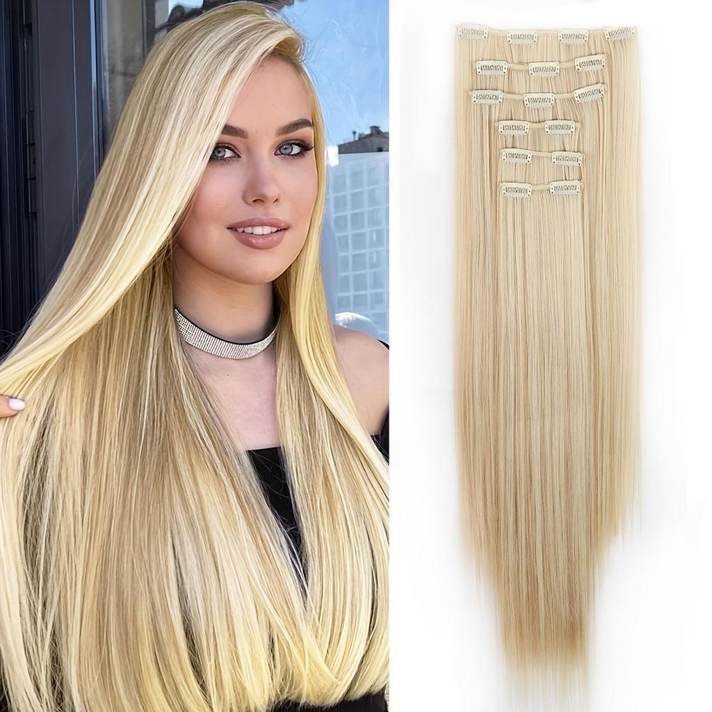 6PCS Clip in Hair Extensions 24" Straight Long Synthetic Hairpieces for Women Daily Party Halloween Black Brown