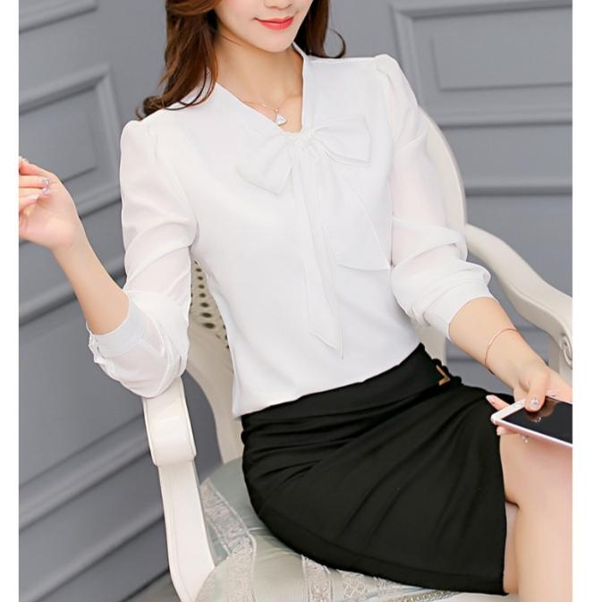 Summer Autumn Women Pink White Chiffon Blouse Fashion Korean Style Bow Tie Collar Ladies Shirt Office Casual Long Sleeve Base Top