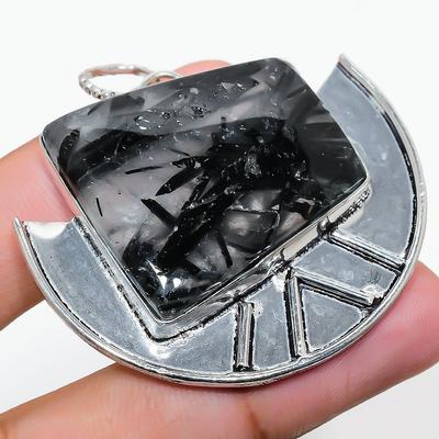 Natürlicher Schwarzer Rutil Edelstein Handgefertigter 925 Sterling Silber Anhänger 1.97" g8I77