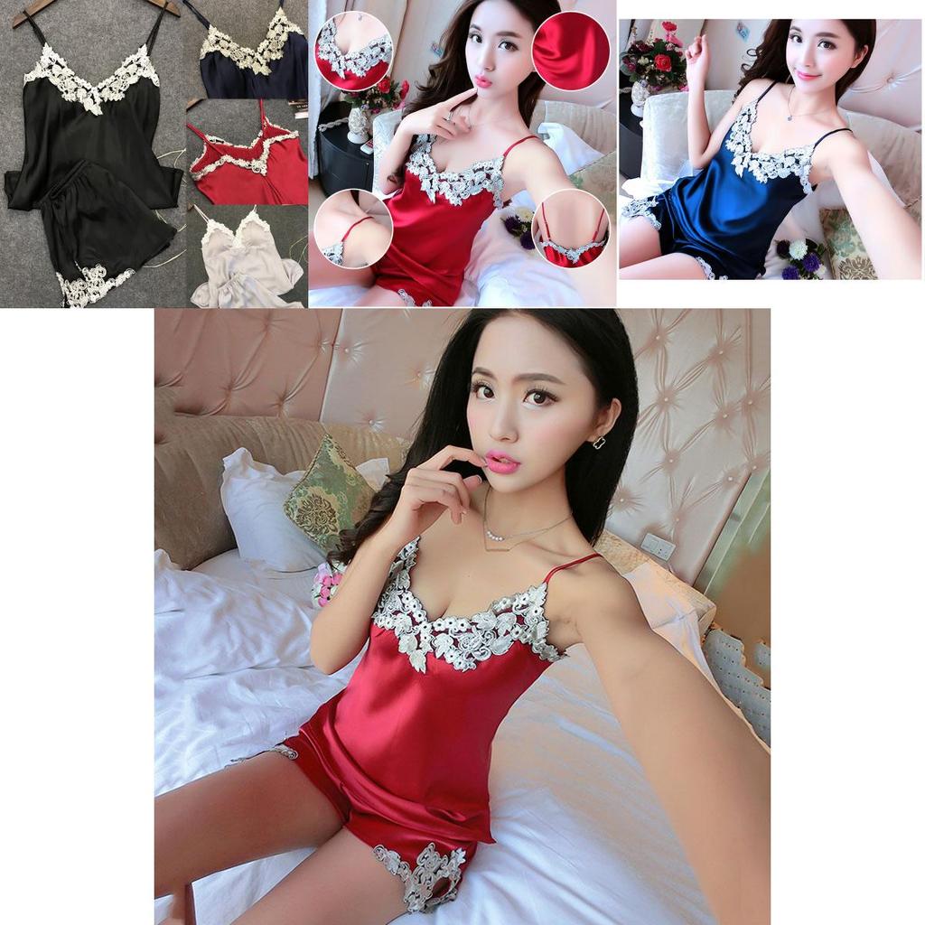 Elegant And Alluring Satin Lace Sleepwear Babydoll Lingerie Nightdress Pajamas Set For Women