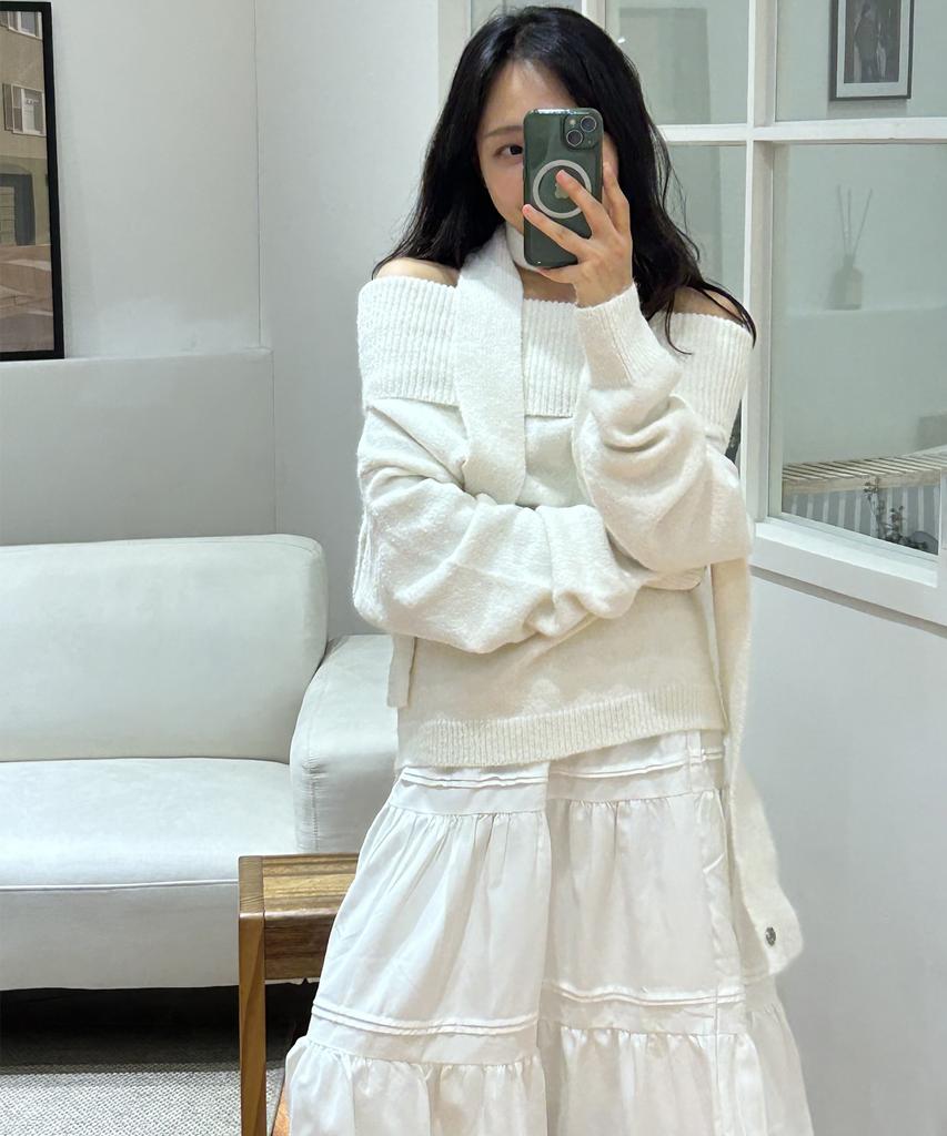 PLACE STUDIO Essential Soft Muffler Set Off-Shoulder Long Sleeve Knit_3 Colors