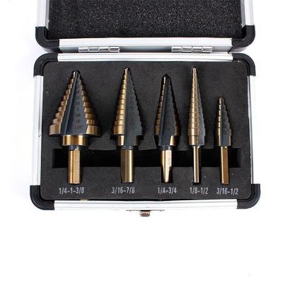 Set di punte a gradini britanniche da 5 pezzi con impugnatura triangolare, acciaio rapido, rivestimento giallo.