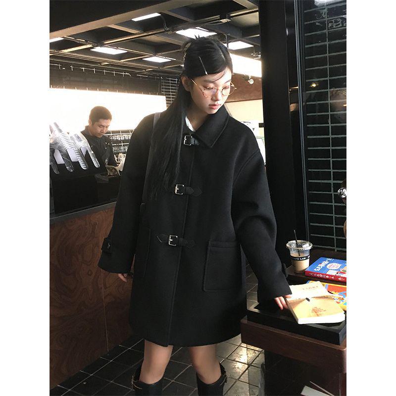 

Women s High-End Hepburn Style Black Wool Blend Winter Coat with Versatile Collar Small чорний