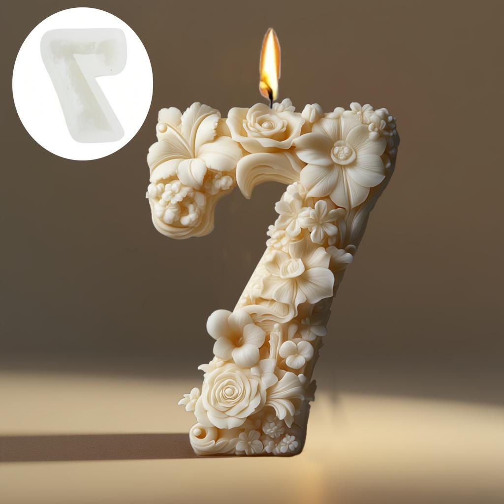 2D Number 7 Shape Candle Silicone Mould Arabic numerals 3 Resin Mold Peony Flower Relief Digital Shape Rose Flower Gypsum Molds