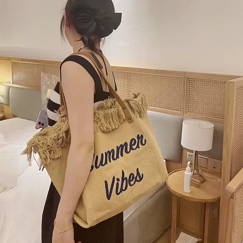Frauen Buchstaben Stickerei Leinwand Tasche Eine Schulter Unterarm Umhängetasche Große Tote Strand Tasche Einkaufstasche Frauen Leinwand Handtasche