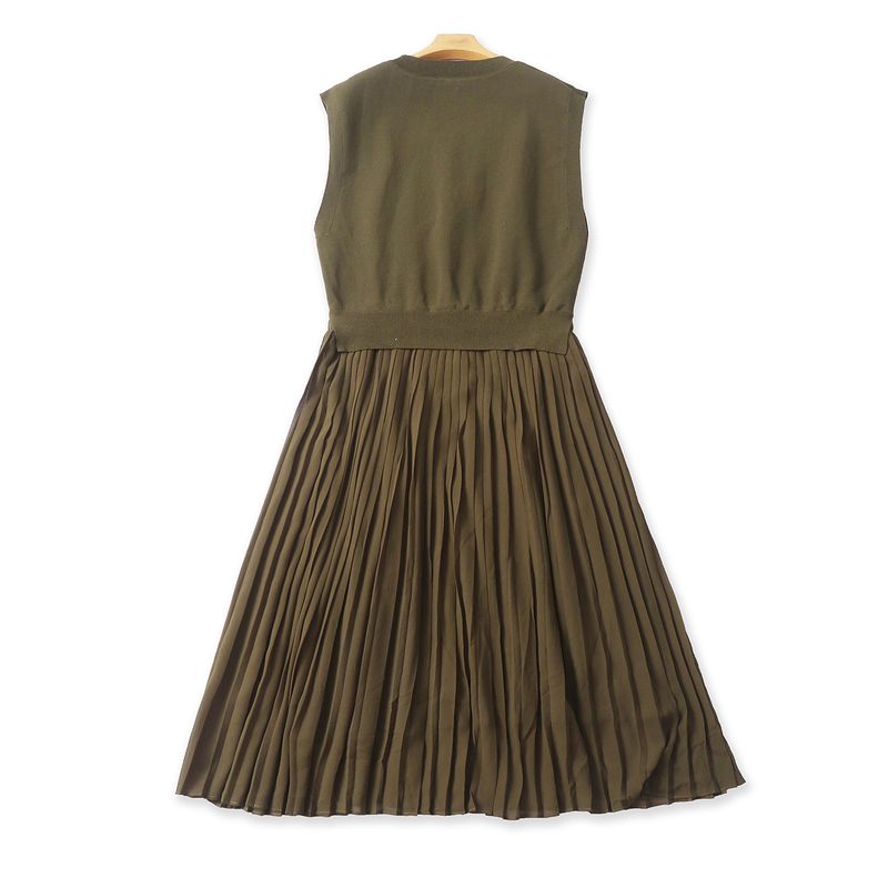 Layered Dress Autumn New Foreign Trade Women Clothes Sweater Vest Elastic Waist Chiffon Pleated Long Dress 32504