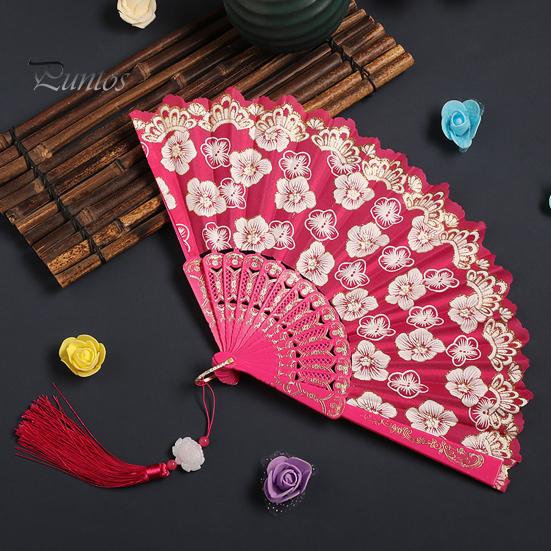 Elegant Handheld Fan Retro Lace Folding Portable Lightweight Chinese Dance Cherry Blossom Silk Cloth Pattern Women's with Tassel for Performance