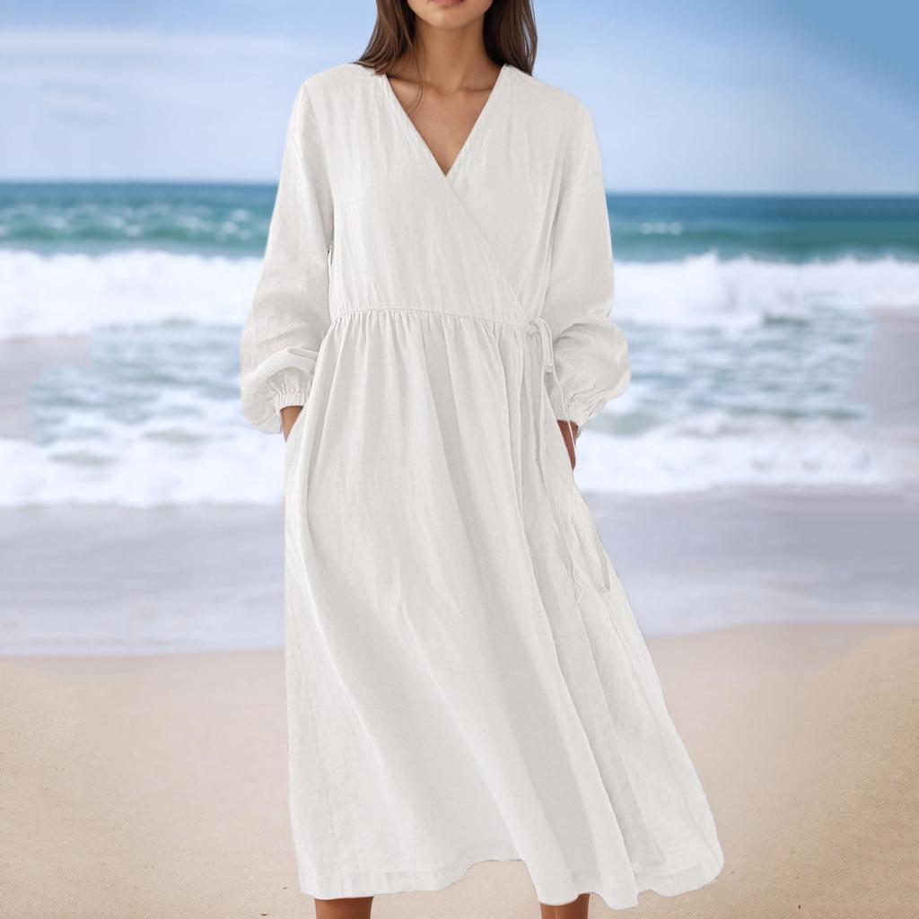 Modisches lockeres Damen-Freizeitkleid mit hohem Bund aus Baumwoll-Leinen-Mischung, langärmlig