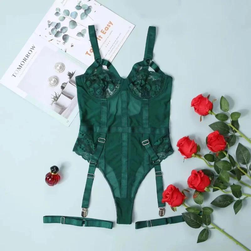 Women Sexy Bodysuit Mesh See Through Underwear Lace Ultrathin Bra & Brief Sets Garter Belt Corset Bikini Nightwear Lace Lingerie