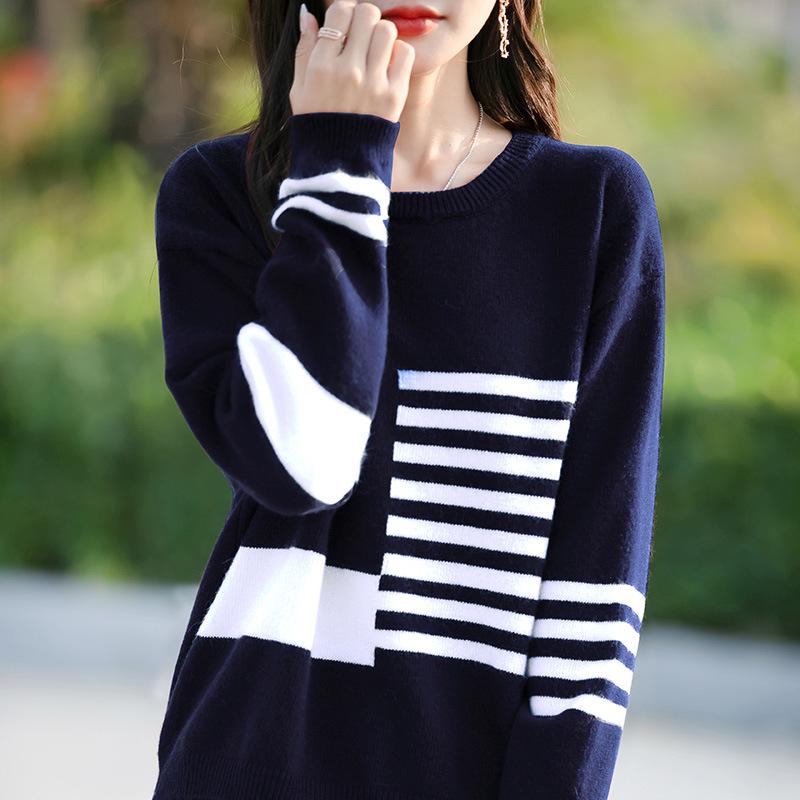 

Вязаный свитер в полоску с цветовыми блоками в корейском стиле - Женский повседневный топ с круглым вырезом XXL темно-синий