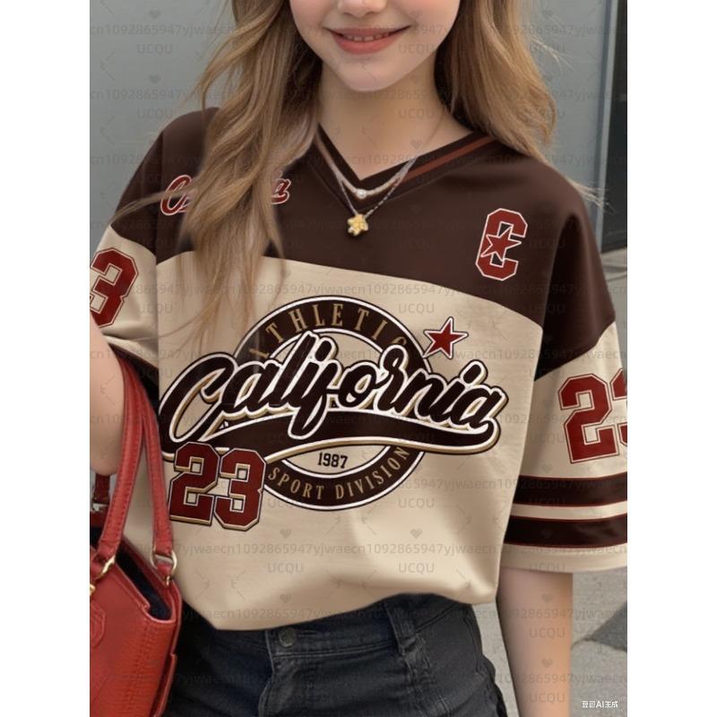 Girls Casual Sports Style California Print Short Sleeve V-Neck Women's Children Men's T-shirt Tops