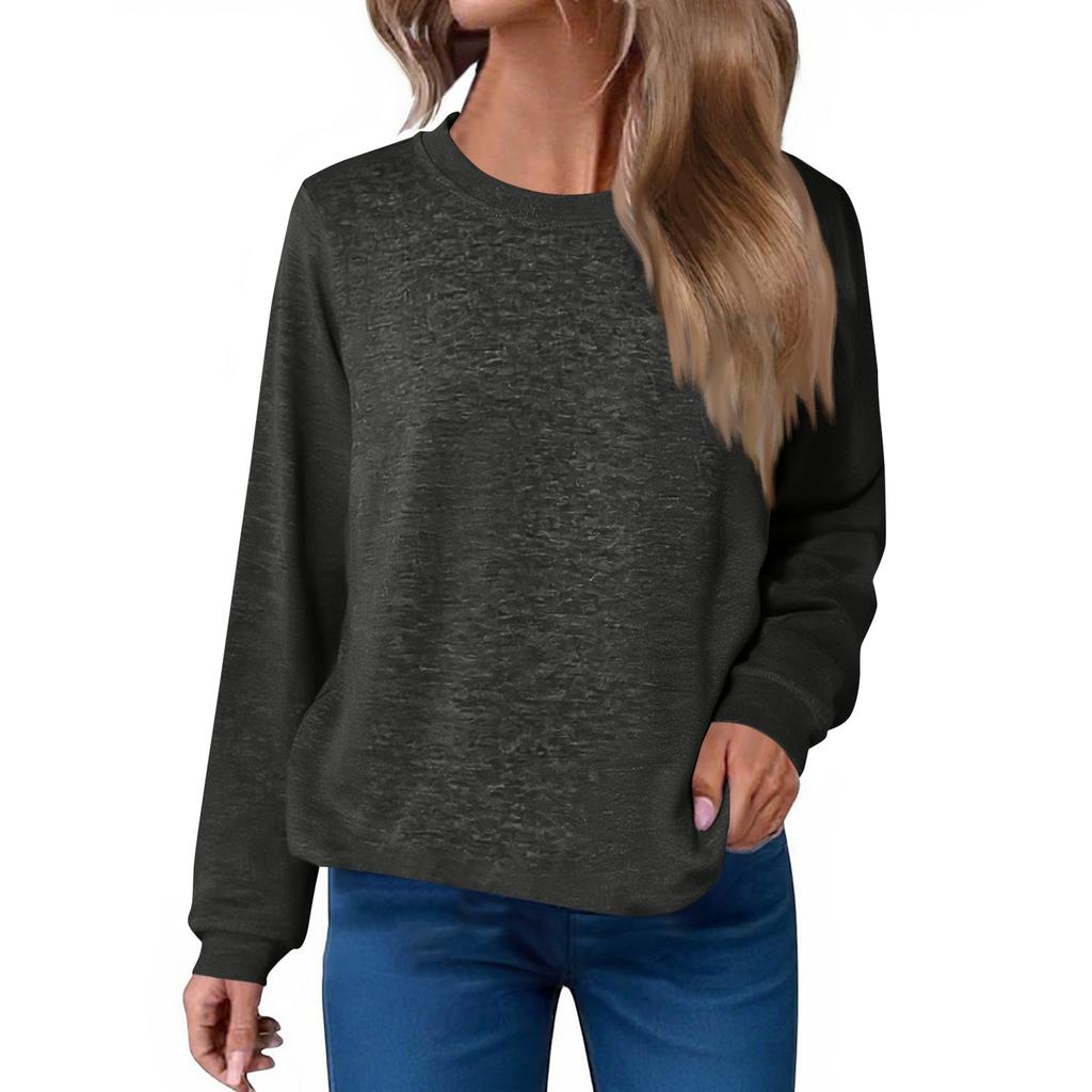 Women's Fashion Loose Round Neck T-Shirt Solid Color Casual Long Sleeve Top