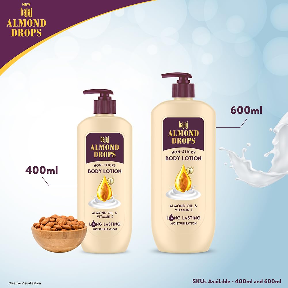 Bajaj Almond Drops Non-Sticky Body Lotion 600 ML Pack Of 1 For Long-Lasting Soft Smooth Nourished Skin