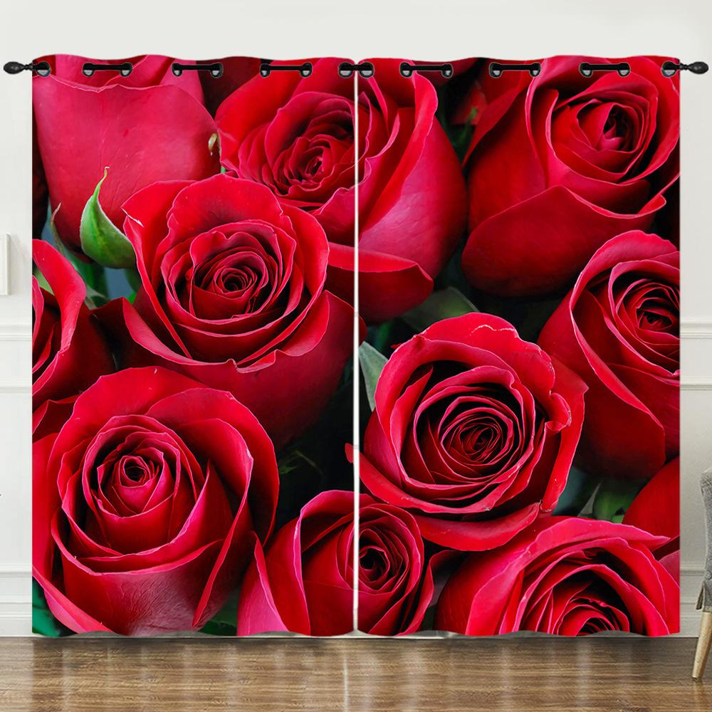 Curtains Flowers Roses Plants Flowers 3D Digital Printing Blackout Curtain Punching