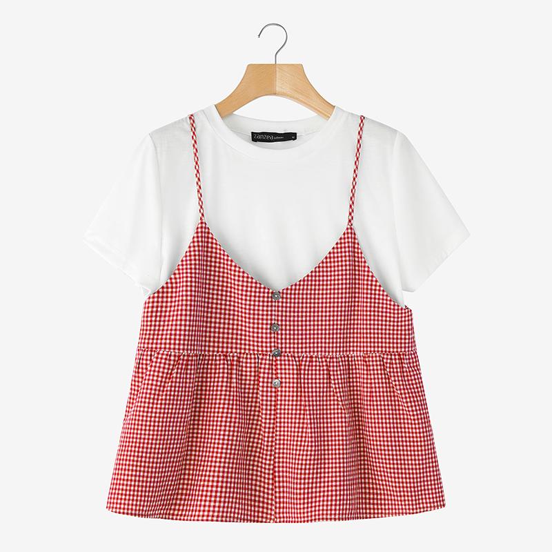 

ZANZEA Женские повседневные футболки с круглым вырезом, коротким рукавом, в клетку, пэчворк, из двух частей 4XL красный