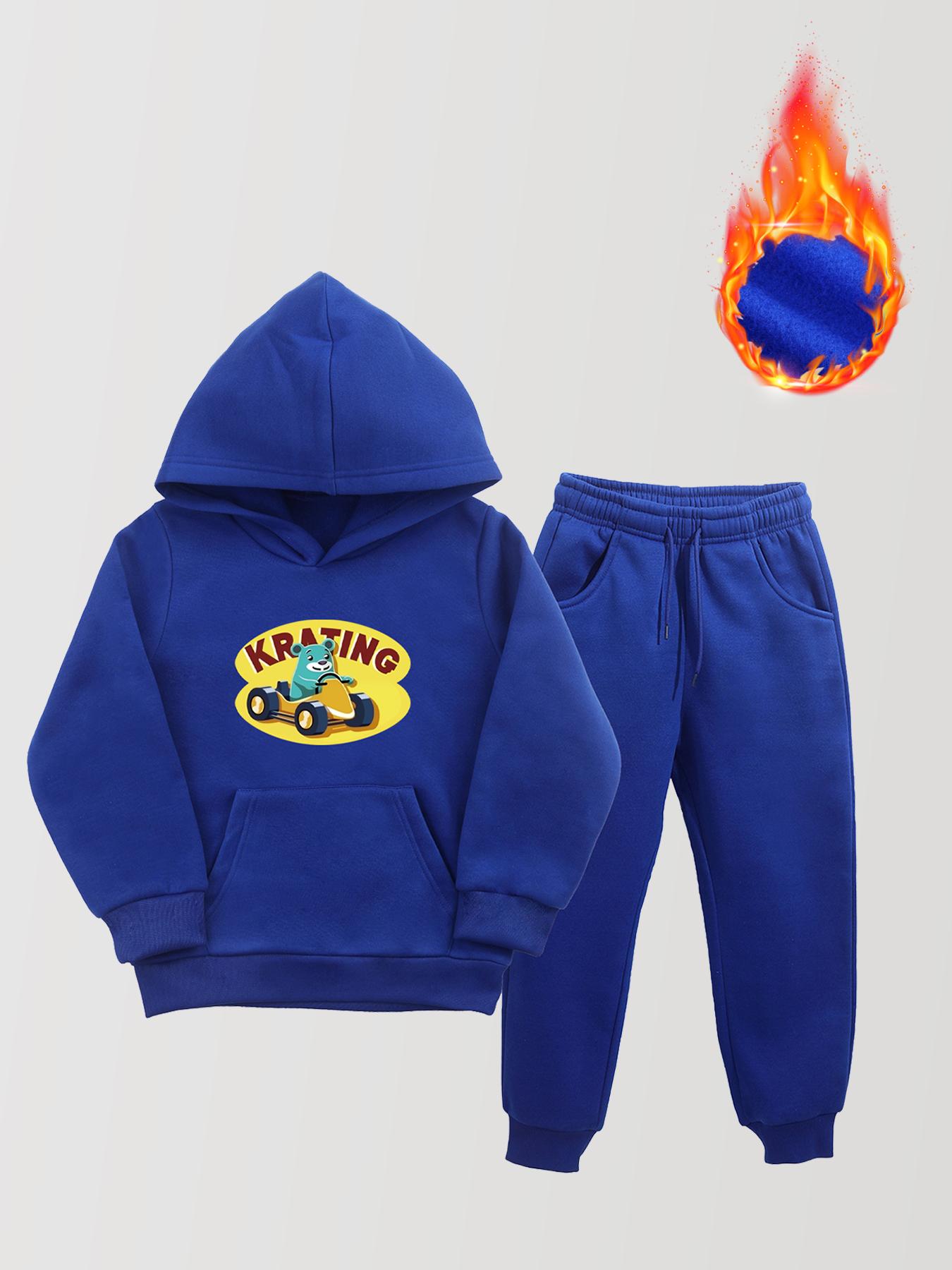 

Уютный комплект из 2 предметов для мальчиков с коротким бархатным длинным рукавом и принтом из мультфильмов, мягкий полиэстеровый свитшот с капюшоном и удобные брюки с легкой эластичностью на осень/зиму 160 синий