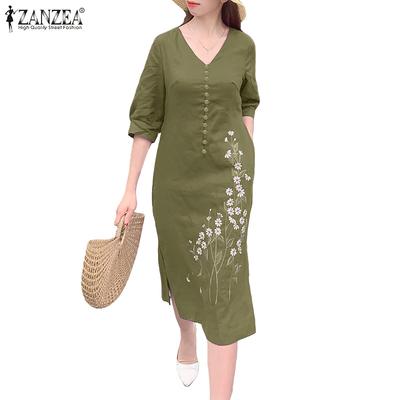 Vestido Casual Feminino com Decote V, Manga 3/4, Corte Amplo e Bordado Floral