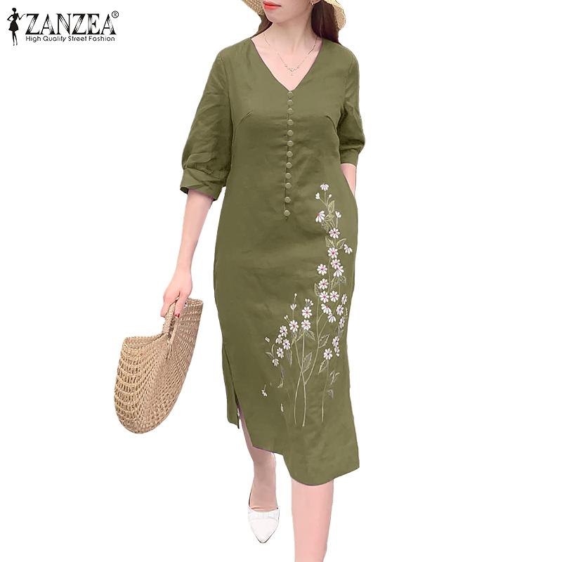 ZANZEA Women Casual V-Neck 3/4 Sleeve Loose Floral Embroidery Dress