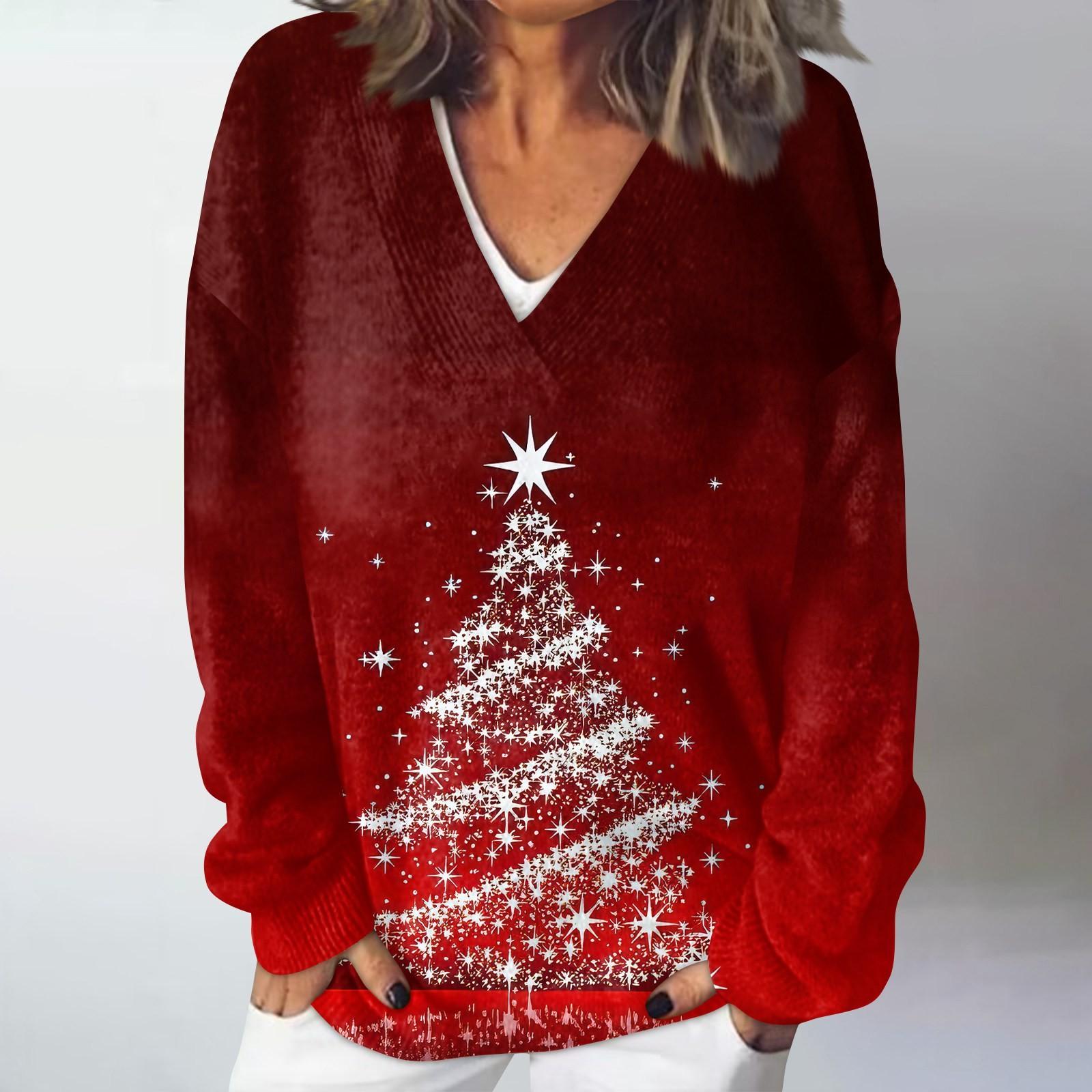 

Женский повседневный, модный, комфортный, атмосферный, напечатанный, с V-образным вырезом и длинными рукавами, свободный свитер-топ XXXXL красный