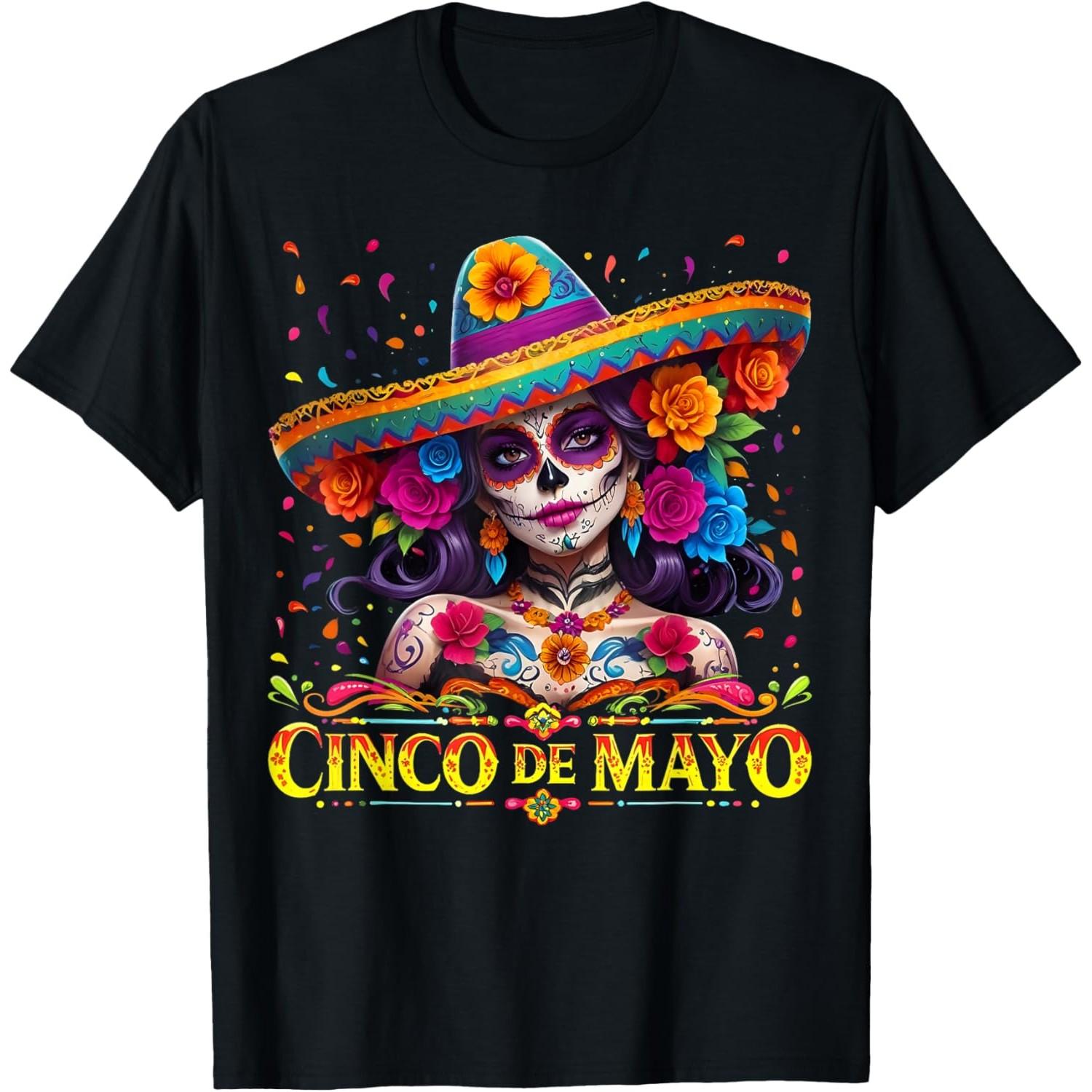 Cinco De Mayo Sugar Skull Woman Sombrero Graphic TShirt Casual Cotton Tee - Men s Summer Cotton Graphic Tee S разноцветный