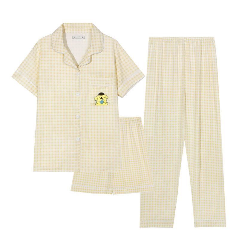 Summer Pajamas Female Cute Pudding Dog Short-Sleeved Shorts Trousers Lazy Home Cardigan Loungewear Three-Piece Set
