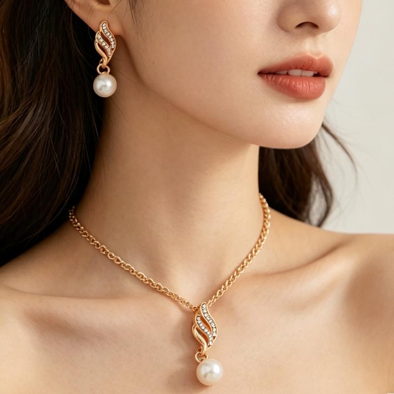 Twisted Pearl Pendants Women's Jewelry Set Necklace/Earrings Imitation Pearl Drop Earrings Full Rhinestone Top Women's Necklace