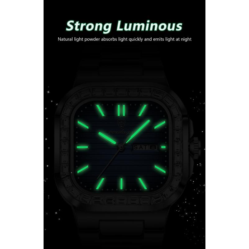 POEDAGAR Top Brand Luxury Watch for Men Waterproof Luminous Date Week Wristwatch Stainless Steel Square Quartz Watches