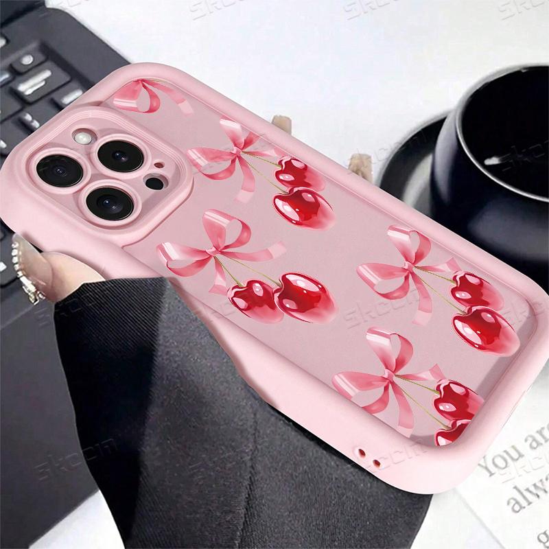 Simple Pink Cherry Bow Pattern Phone Case For iPhone 17 16 15 14 13 12 11 Pro Max 17 Air 16E X XR XS 7 8 Plus Shockproof Cover