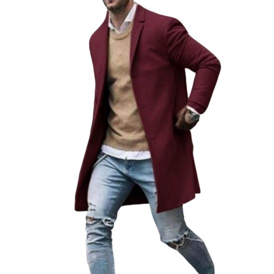 Мужская ветровка с лацканами, длинный рукав, однобортная, теплая верхняя одежда с карманами, однотонная L вино красного