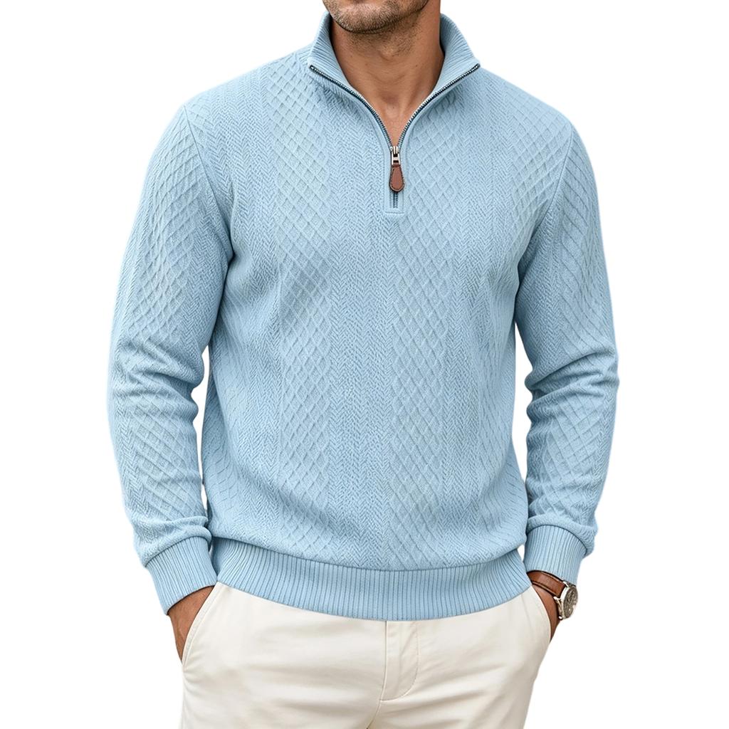 Herren Freizeit Pullover mit halbem Reißverschluss, Stehkragen, langen Ärmeln und Leder-Reißverschlussschieber