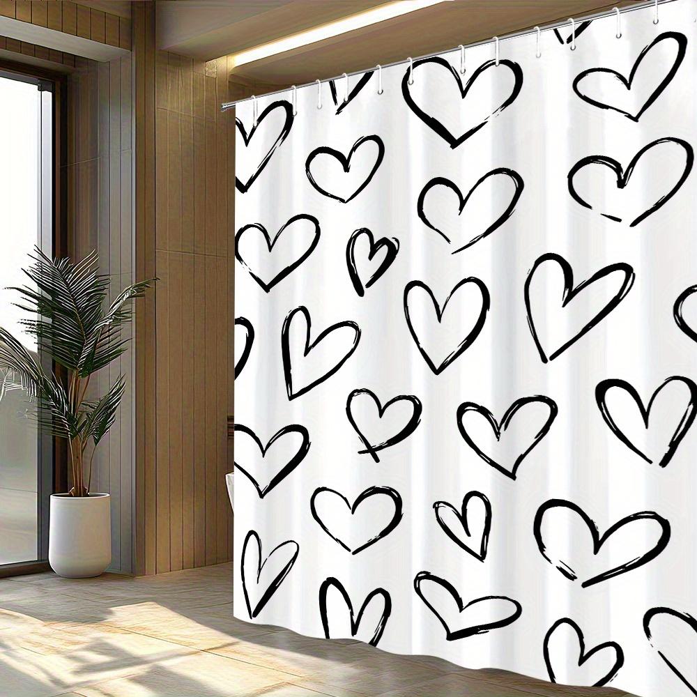 1Pc Black Heart-Patterned Shower Curtain, Polyester Fabric, Machine Washable, Suitable For Bathroom Dcor.