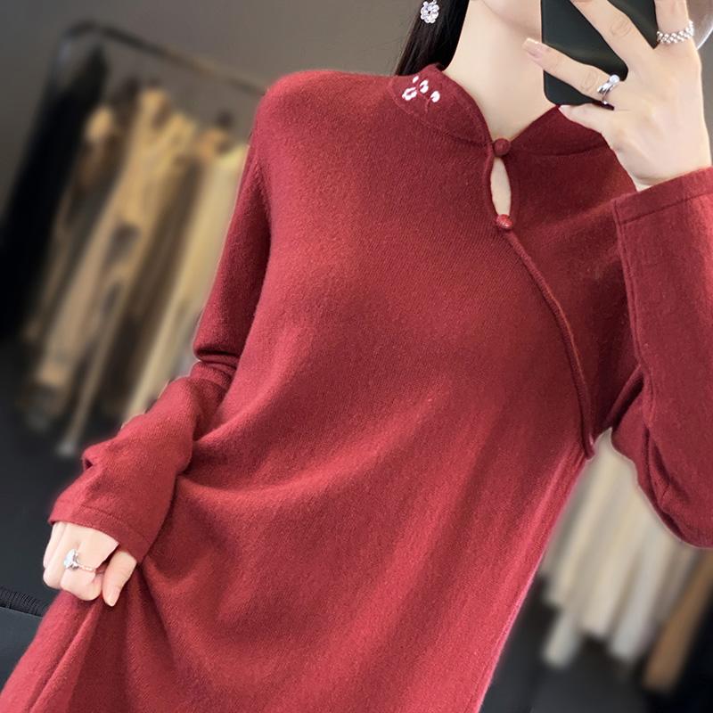 Women's Cashmere Dress Qinghe Cashmere 70% Wool 30% Cashmere Women's Autumn and Winter Cashmere Dress Soft and Warm